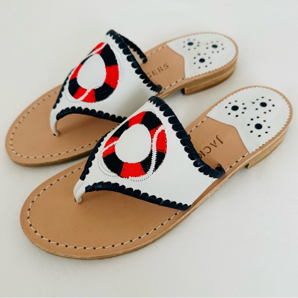 New Jack Rogers White & Midnight Life Preserver Embroidered Leather Sandal Flats - Picture 3 of 5